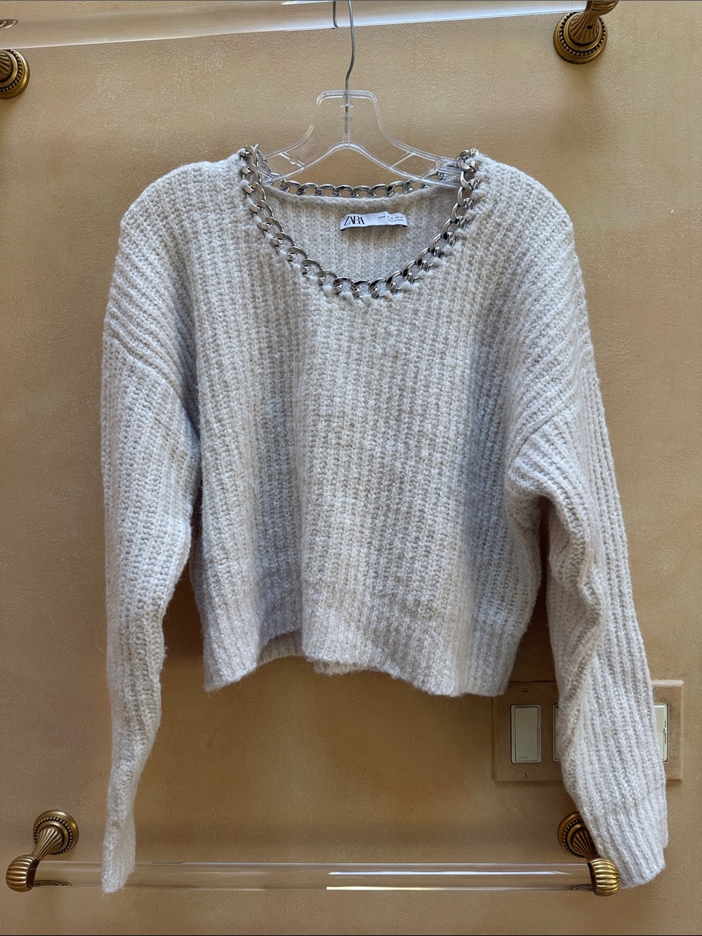 ZARA Off-White Chain-Trim Ribbed Knit Sweater